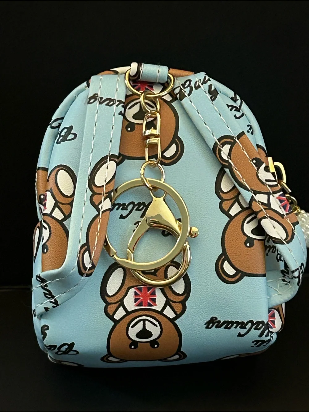 Blue Teddy Bear Mini Backpack Bag Charm Keychain w/Pearl Charm and Zipper Close